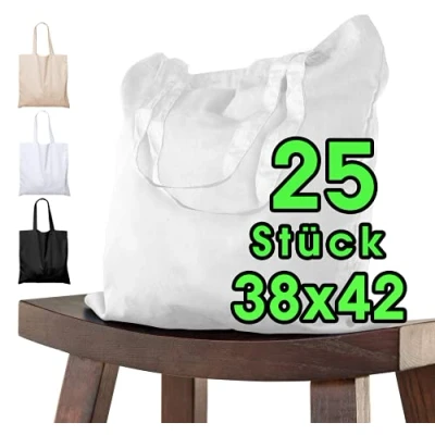 Afbeelding van katoenen opvangzak 38x42 25 stuks wit voor kinderen met KORT handvat Unbedded OEKO TEX® gecertificeerd stoffen tas, draagtas, 140 g/m dikke boodschappentas