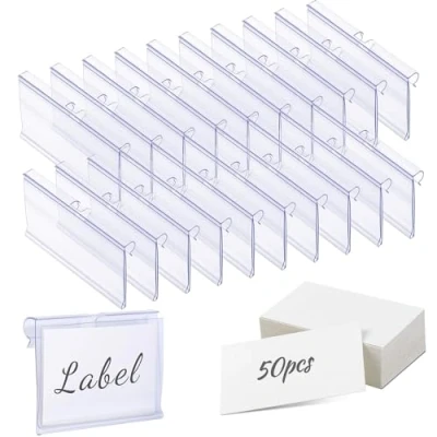 Afbeelding van Meetory 50 stuks etikettenhouders van kunststof, transparant, prijskaarthouder, kunststof rek, etikettenhouder voor draad rekken prijsetiketten goederenborden (6 cm x 4,2 cm)