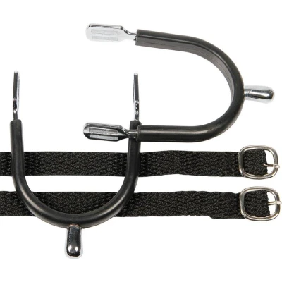 Afbeelding van Harry&#039;s Horse Sporen knop verchroomd rubber + riem H30 Zwart