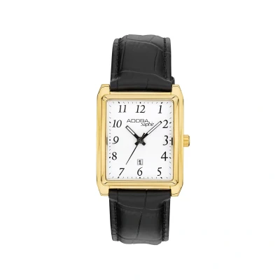 Afbeelding van Herenhorloge Adora Saphir Goudkleurige kast, Saffierglas, Zwart leren band, Anti allergisch staal, Quartz AS4725
