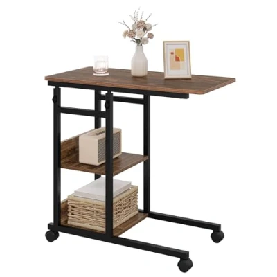 Afbeelding van WOLTU Bijzettafel, salontafel, banktafel, woonkamertafel, laptoptafel, bedtafel, C vormig, in hoogte verstelbaar, met wieltjes, van metaal, houtlook, vintage houtlook + zwart, BTS08hov