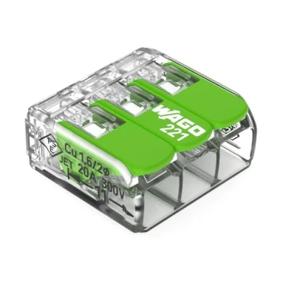 Afbeelding van WAGO Green Range klem 3 draads I tot 4 mm² verbindingsklem geleiders met hendels voor alle soorten ladders te steken 221 423 12 stuks