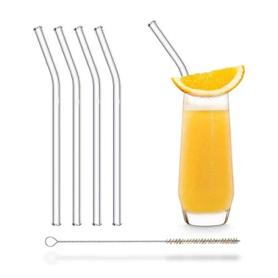 Afbeelding van HALM Glazen drinkrietjes herbruikbaar 4 stuks gebogen 20 cm + plasticvrije schoonmaakborstel Vaatwasmachinebestendig Duurzaam rietjes glasstrootjes
