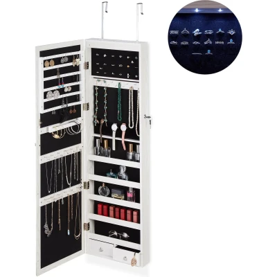 Afbeelding van Relaxdays sieradenkast, spiegel, led licht, afsluitbaar, deur , wandmontage, hangend, XXL, HBD 120x37x11.5 cm, wit