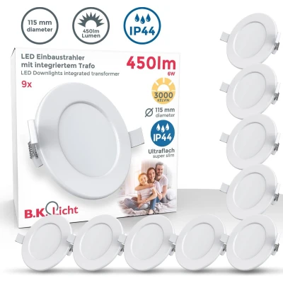 Afbeelding van B.K.Licht inbouwspots badkamer LED witte 9 stuks spotjes inbouw ronde IP44 Ø11.5cm 3.000K 6W