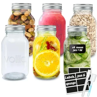 Afbeelding van volila Mason Jar (1000 ml) Bocal en Verre Hermétique (6 Stuck) 1 Liter Recipient Avec Couvercle voor Overnight Oats, Inmaken Jam Maken Pot De Fermentation Labels,Pen Spons Inbegrepen