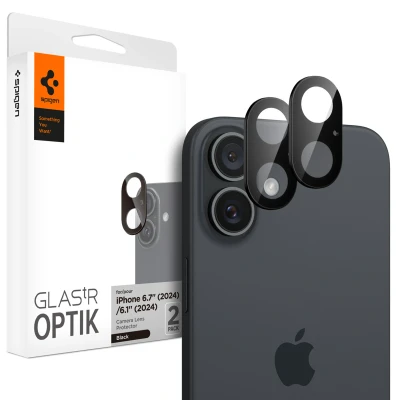 Afbeelding van Spigen Glas.tR Optik Camera Screenprotector compatibel met iPhone 16, 16 Plus, 2 Stuks, Zwart, Geen storing voor flitsfunctie, 9H Gehard Glas