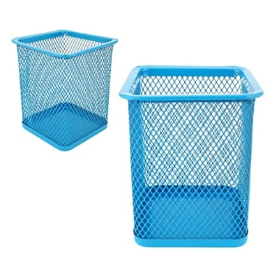 Afbeelding van LEVIATAN 2 Stuks Metalen Vierkante Pennenhouder Kubus Gemaakt van Draadmetaal Mesh Multifunctionele Beker voor Balpennen Blauw