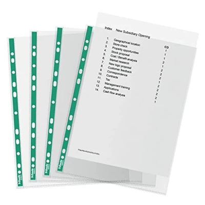 Afbeelding van Esselte 628531 A4 geperforeerde zakken, 100 x polyzakken, 34 micron dikte, doorzichtige zakken met reliëf, versterkte groene rug, ideaal voor hefboomvijlen en ringbanden (pak van 100),