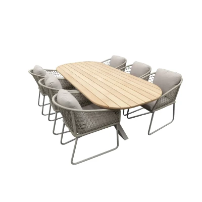 Afbeelding van Set Noas dining tafel 220x100x76 cm oval alu salix/teak en 6 Bara chairs salix/rope salix/flax beige AW Yoi