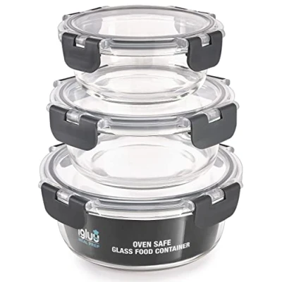 Afbeelding van Igluu Meal Prep Set van 3 Stapelbare Ronde Glazen Containers voor Voedsel Opslag, Vriezer, Magnetron, Oven &amp; Vaatwasserbestendig, BPA Vrij Luchtdichte SnapLock Deksels (Verschillende Groottes)