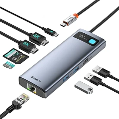 Afbeelding van Baseus USB C HUB Dual Display, 9 in 1 Docking Station 2 4K HDMI, Gigabit Ethernet, 100W PD, SD/TF kaartlezer, 3 USB, Multiport Adapter voor MacBook/iPad Air/Pro/Dell/HP/Surface/Lenovo