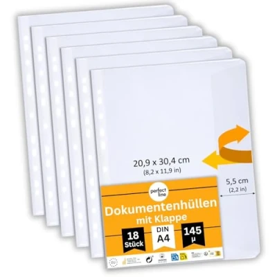 Afbeelding van perfect line 18 Documentenhoezen met klep DIN A4, transparante films, Kristalheldere, gladde, extra sterke, stabiele premium heldere zuurvrij, made in EU
