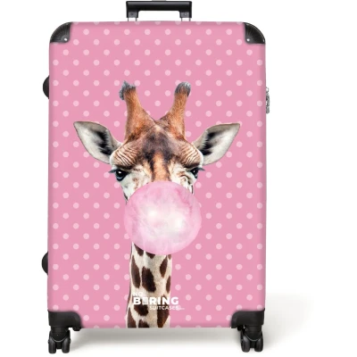 Afbeelding van NoBoringSuitcases.com® Koffer groot Reiskoffer lichtgewicht Giraffe met kauwgombal voor roze stippen Rolkoffer 4 wielen Grote trolley XL 98 liter bagage