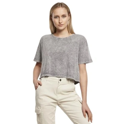 Afbeelding van KiarenzaFD Build Your Brand Dames Acid Washed Cropped Tee T shirt met korte mouwen, Grijs Zwart, S