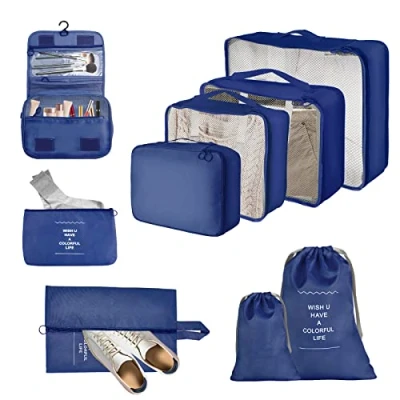 Afbeelding van JOPHEK Reiskoffer organizerset, 9 delige set kubussen, multifunctionele waterdichte pakkubussen, compressie, kofferorganizer, kledingtassen, schoenenzak, make uptas voor reizen, marineblauw