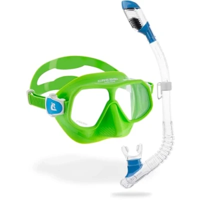 Afbeelding van CRESSI Rombo + Mini Dry Combo Lime Azure/Clear Blue Junior Combiset, Masker en Snorkel, Limoen Azuur/Transparant Blauw, Eén maat