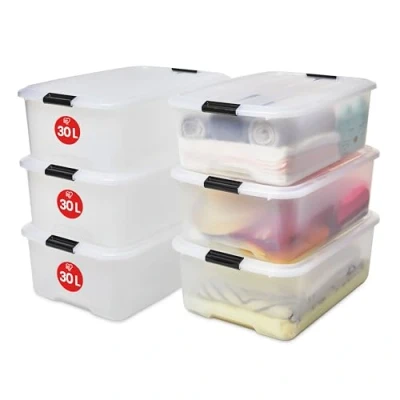 Afbeelding van Iris Ohyama, Set van 6 opbergdozen, 30L, Stapelbaar, Garage, slaapkamer, woonkamer,TB 30, B57,5 x D39 H20 cm Transparant