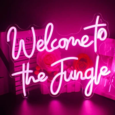 Afbeelding van Looklight Welcome to the Jungle neonbord, roze led lichtreclame, letter jungle, neonlicht voor wanddecoratie, USB lichtbord slaapkamer, thuis, bar, raam, tuin, bruiloft, feest