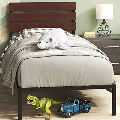 Afbeelding van Zinus Figari Bed 100 x 200 cm, hoogte 31 met opbergruimte onder het bed, duurzaam bamboe en metalen platformbedframe lattenhoofdeinde, bruin zwart