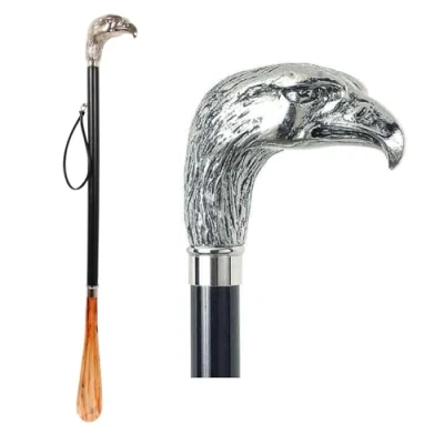 Afbeelding van Delfa Design schoenlepel 70 cm met zilveren adelaar als handvat, zwarte houten schacht gravure naam/gewenste tekst, zwart, zilver