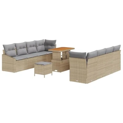 Afbeelding van vidaXL 11 delig Tuinbankstel met Kussens Beige Poly Rattan Acacia, 2 Zits Tuinbank Opslag &amp; Rattan, 3 Tuin Eetset Acacia