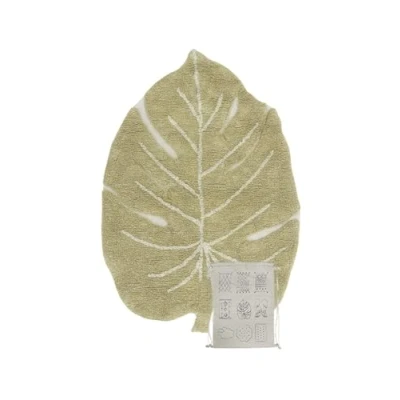 Afbeelding van Lorena Canals Monstera Minions wasbaar tapijt in natuur en olijfgroen, handgemaakt, rechthoekig, gemaakt van natuurlijk katoen milieuvriendelijke kleurstoffen, afmetingen: 75 x 100 cm