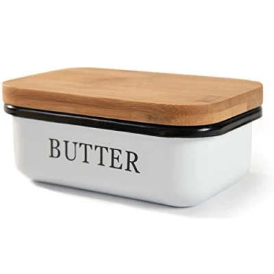 Afbeelding van &quot;Botervloot met houten deksel, boterstolp voor 250 g boter, multifunctionele boterschotel, elegante en duurzame bamboe wit (wit)