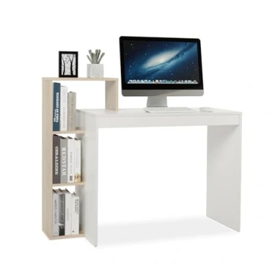 Afbeelding van Mondeer Compact computerbureau met 3 opbergplanken, ruimtebesparend schrijfbureau, 110 x 40 92 cm, voor thuiskantoor, werkstation, studie, wit en eiken