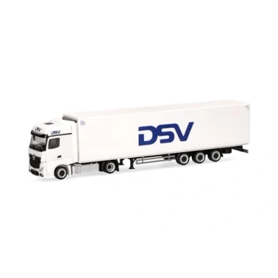 Afbeelding van herpa 318198 Vrachtwagenmodel Mercedes Benz Actros Bigspace Lowliner koelbox oplegger DSV (Denemarken/Hedehusene), miniatuur in schaal 1:87, verzamelobject, Made Germany, kunststof, wit