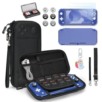 Afbeelding van Younik Switch Lite hoes, 14 in 1 Accessoires Bundel met Draagtas, Transparante Beschermhoes, Game Card 2 Schermbeveiligers, 6 Thumb Grips, Hanger (Zwart)