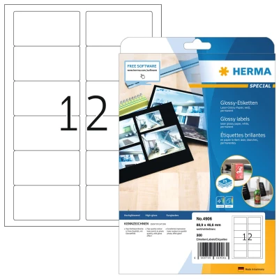 Afbeelding van Herma Hoogglans etiketten, A4, 88,9 x 46,6 mm, wit, permanent hechtend