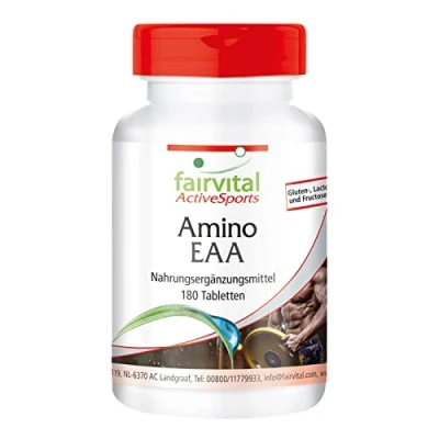 Afbeelding van Fairvital Amino EAA 180 tabletten essentiële aminozuren fenylalanine, tryptofaan, threonine, lysine, valine, methionine, leucine en isoleucine 100% veganistisch op kwaliteit getest Made in Germany