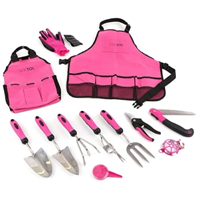 Afbeelding van SIXTOL Garden PINK 12 tuingereedschap Set stuks Tuinaccessoires van roestvrij staal Praktisch tuinschort en tas als geschenk vrouwen Voor tuinders (PINK, 12)