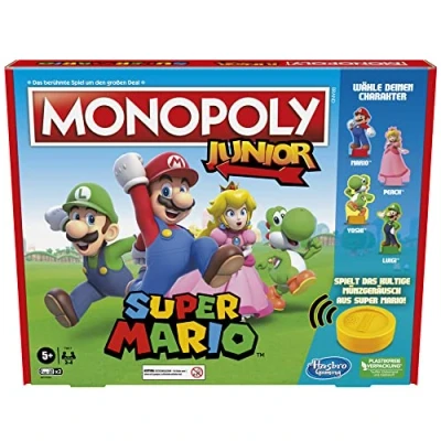 Afbeelding van Hasbro Monopoly Junior Super Mario Edition bordspel voor kinderen van 5 jaar en ouder Speel in The Mushroom Kingdom zoals Mario, Peach, Yoshi of Luigi, Multi (Duitse versie)