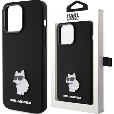 Afbeelding van Karl Lagerfeld Siliconen Choupette Metal Pin hoesje voor iPhone 15 Pro Max zwart