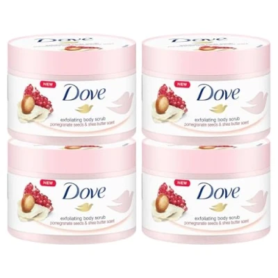 Afbeelding van Dove Crème douchecrub, granaatappel &amp; sheaboter, scrub, lichaamscrub voor een soepele huid, huidverzorging met jojoba waxparels, 4 x 225 ml