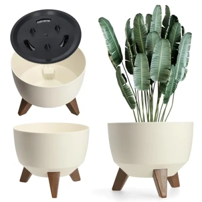 Afbeelding van KADAX Bloempot van kunststof met drie insteeksteunen ronde bloembak, plantenschaal voor balkon, woonkamer Diameter 24 cm, Crème