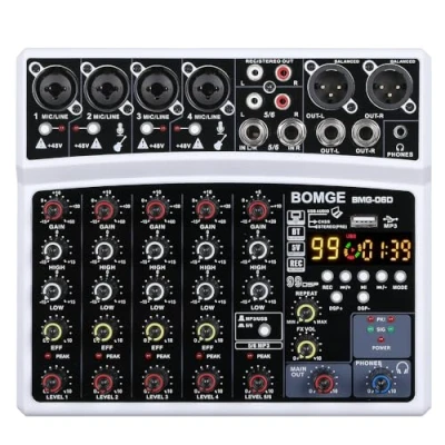 Afbeelding van Bomge 6 kanaals DJ audiomixer met MP3 USB Bluetooth, 48V fantoomvoeding, 16 DSP Echo effecten, mixer voor live, muziek, karaoke, podcast (wit)