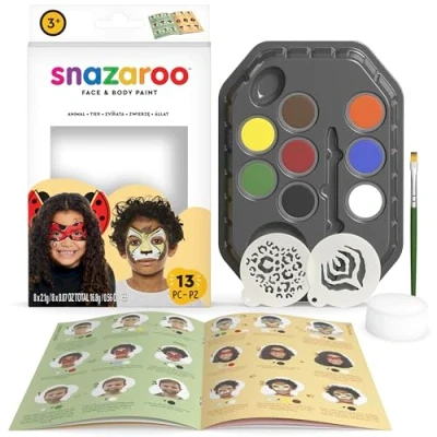 Afbeelding van Snazaroo 1172183 &quot;Animals&quot; make up set, huidvriendelijke gezichtsmake op waterbasis 7 kleuren, 1 kwast, spons, 2 sjablonen