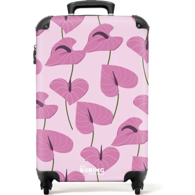 Afbeelding van NoBoringSuitcases.com® Handbagage koffer lichtgewicht Reiskoffer trolley Roze met paarse bladeren Rolkoffer wieltjes Past binnen 55x40x20 en 55x35x25