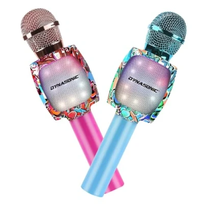 Afbeelding van DYNASONIC Karaoke microfoon voor kinderen, draadloze Bluetooth met LED verlichting, speelgoed kinderen draagbare partij (Pack blauw roze)