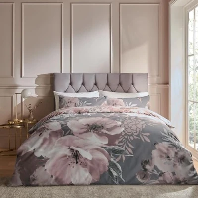 Afbeelding van Catherine Lansfield Dramatic Bloemen Omkeerbare Eenpersoons Dekbedovertrek Set met Kussensloop Grijs