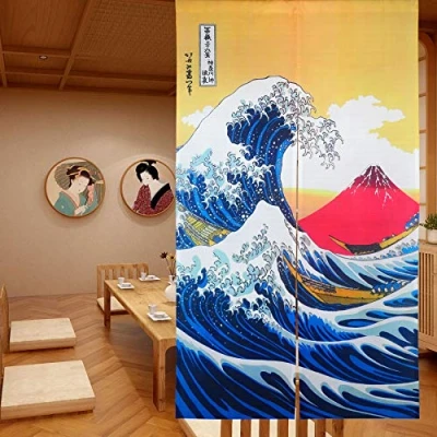 Afbeelding van LIGICKY Japanse gordijnen Noren lang gordijn deurgordijn slaapkamer wandtapijt voor huishoudtextiel ruimteverdeler 85 x 150 cm (Ukiyoe Hokusai The Great Wave Off Kanagawa Mt.Fuji