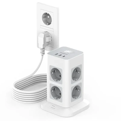 Afbeelding van TESSAN 5M Verlengkabel, Meervoudige Contactdoos, Overspanningsbeveiliging, 8 voudige Stekkerdoos met 3 USB, Stekkerverdeeldoos Verlengsnoer, Stopcontact Toren voor Thuis 3600W 16A