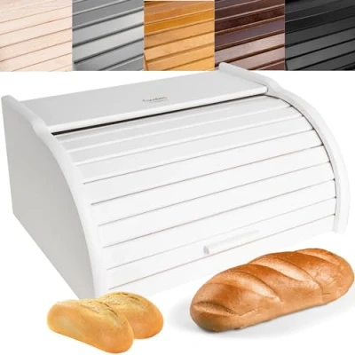 Afbeelding van Creative Home Houten Broodtrommel Wit 40 x 27,5 18,5 cm Natuurlijk Beukenhout Container met Roltop Brooddoos voor Elke Keuken Perfect Droogvoer