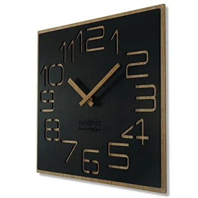Afbeelding van Wandklok groot hout look Digits ECO, vierkant stilte, woonkamer, slaapkamer, Made in EU (zwart, 40 cm)