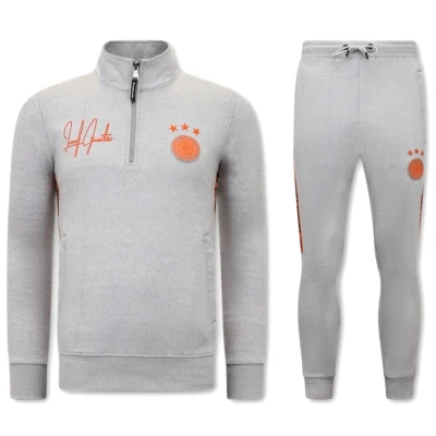 Afbeelding van Heren Joggingspak Half Zipper, Double Ribbon Grijs Oranje Maat XL