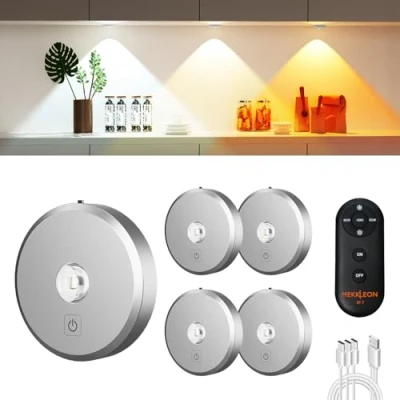 Afbeelding van MEKKLEON Puck Lights met afstandsbediening, oplaadbaar, draadloos onder kastverlichting, 5 stuks (zilver)