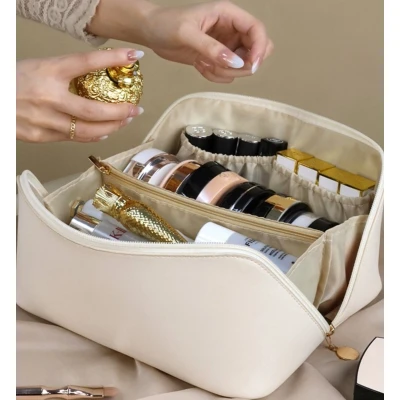 Afbeelding van Make up Tas Kleur: Beige / Offwhite Etui Reistas Toilettas Organizer Multifunctionele Cadeau voor Vrouw, Moeder &amp; Vriendin XL Makeup Grote Makeuptas Reizen